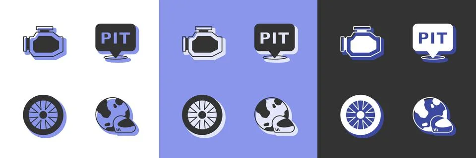 Set Racing helmet, Check engine, Alloy wheel for car and Pit stop icon. Vecto Stock Illustration