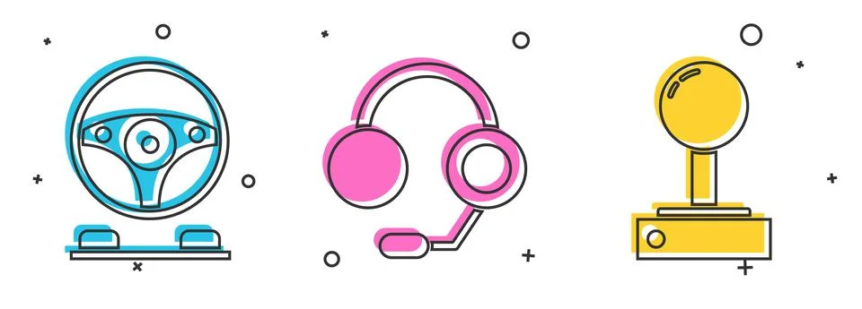 Set Racing simulator cockpit, Headphones and Joystick for arcade machine icon イラスト素材