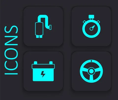 Set Racing steering wheel, Car muffler, Stopwatch and battery icon. Black square Stock Illustration