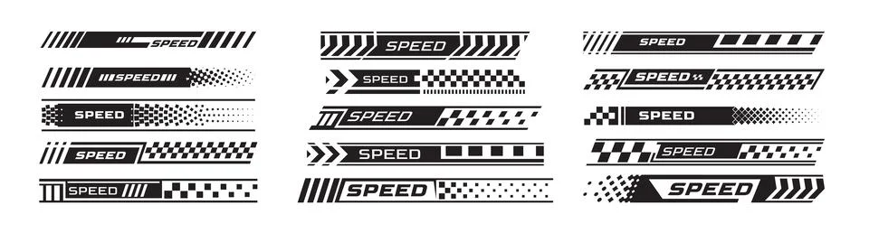 A set of racing stripes with the text "SPEED" and checkered flag elements. Stock Illustration