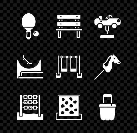Set Racket and ball, Bench, Swing car, Tic tac toe game, Climbing wall, Sand Stock-Illustration