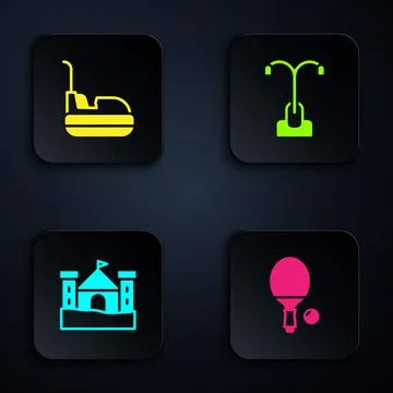 Set Racket and ball, Bumper car, Sand castle and Street light. Black square Illustrazione stock