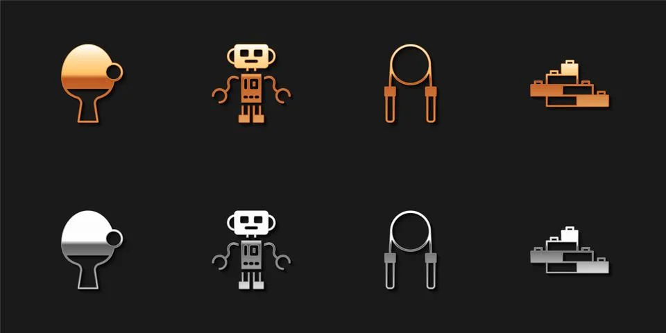 Set Racket and ball, Robot toy, Jump rope and Toy building block bricks icon Ilustración de archivo