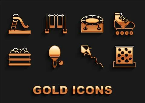 Set Racket and ball, Roller skate, Climbing wall, Kite, Pool with balls, Ju.. Illustrazione stock