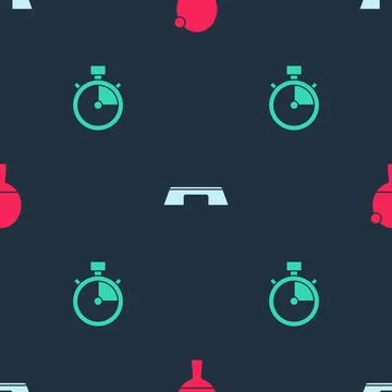 Set Racket and ball, Step platform and Stopwatch on seamless pattern. Vector Stock Illustration