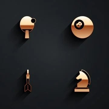 Set Racket, Billiard pool snooker ball, Dart arrow and Chess icon with long Stock Illustration