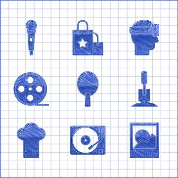 Set Racket for playing table tennis, Vinyl player with vinyl disk, Photo frames Stock Illustration
