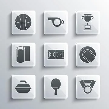 Set Racket for playing table tennis, Medal, Baseball ball, Football soccer .. Stock Illustration