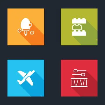Set Racket, Toy building block bricks, plane and Drum with drum sticks icon Ilustración de archivo