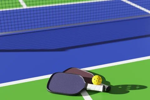 Set of rackets and ball for playing pickleball on the court. 3D rendering Illustrazione stock