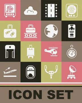 Set Radar, Barometer, Mobile with ticket, Airport runway, Conveyor belt suitcase Stock Illustration