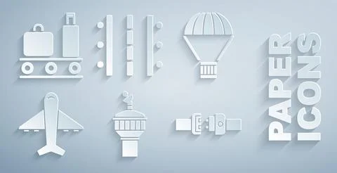 Set Radar, Box flying on parachute, Plane, Safety belt, Airport runway and Illustrazione stock