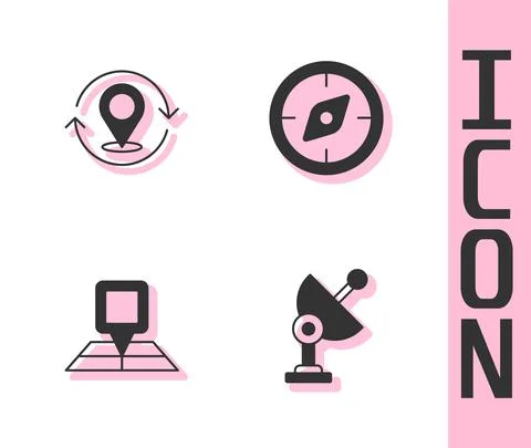 Set Radar, Map pin, Folded map with location marker and Compass icon. Vector Illustrazione stock