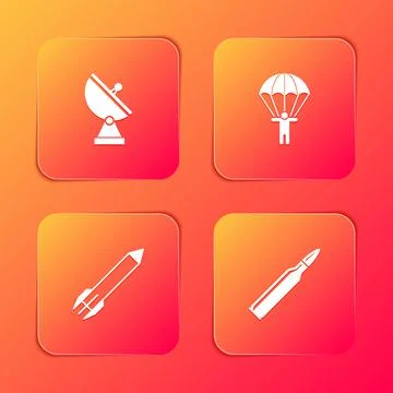 Set Radar, Parachute, Rocket and Bullet icon. Vector Stock Illustration