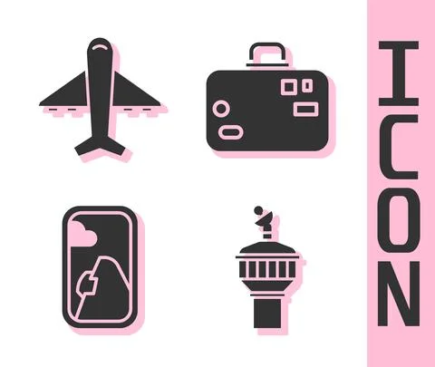 Set Radar, Plane, Airplane window and Suitcase icon. Vector Stock Illustration