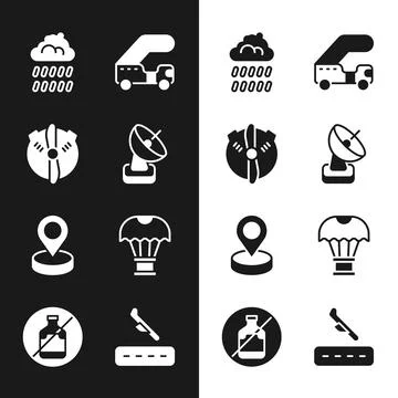 Set Radar, Plane propeller, Cloud with rain, Passenger ladder, Location, Bo.. Stock Illustration