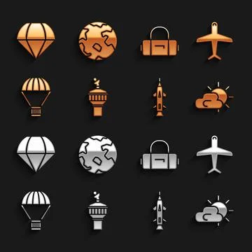 Set Radar, Plane, Sun and cloud weather, Rocket, Box flying on parachute Stock Illustration