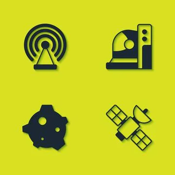 Set Radar, Satellite, Asteroid and Astronaut helmet icon. Vector Stock Illustration