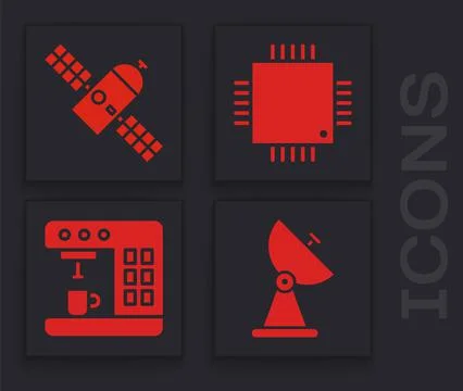 Set Radar, Satellite, Processor with microcircuits CPU and Coffee machine ico Stock Illustration