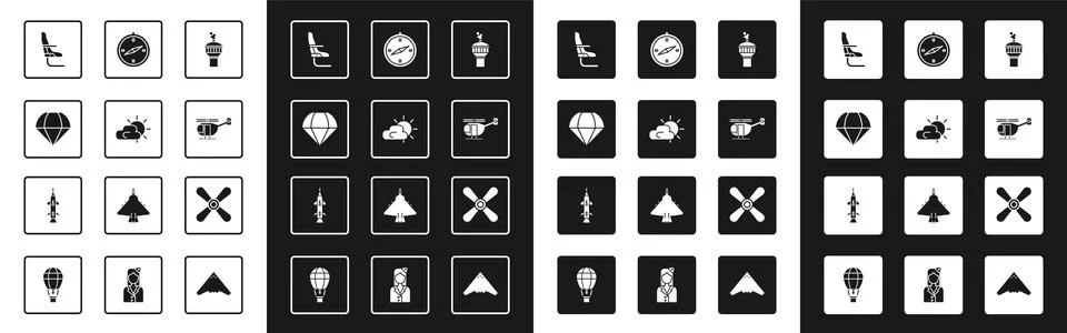 Set Radar, Sun and cloud weather, Parachute, Airplane seat, Helicopter, Com.. Illustration