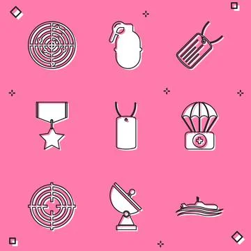 Set Radar with targets, Hand grenade, Military dog tag, reward medal, Parachute Illustrazione stock