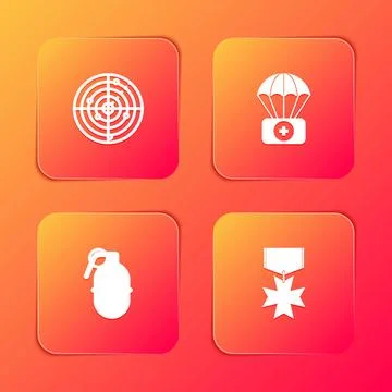 Set Radar with targets, Parachute first aid kit, Hand grenade and Military re Stock Illustration