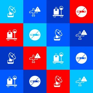 Set Radar, Warning aircraft, Scale with suitcase and No Smoking icon. Vector Illustration