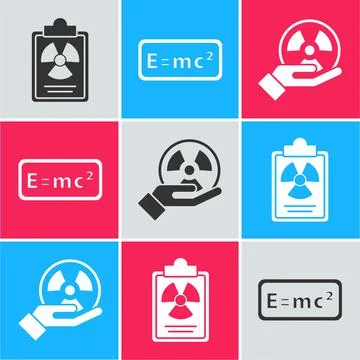 Set Radiation warning document, Equation solution and Radioactive icon. Vector Illustrazione stock