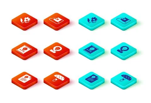 Set Radiation warning document, Fly agaric mushroom, Radioactive waste barrel Stock Illustration