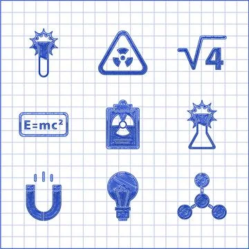 Set Radiation warning document, Light bulb with concept of idea, Molecule, Test Illustrazione stock