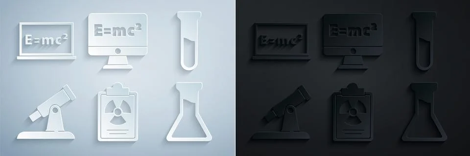 Set Radiation warning document, Test tube and flask, Telescope, Equation Illustrazione stock