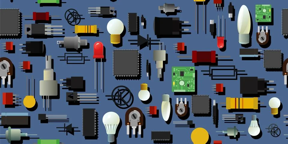 Set of radio components. Seamless pattern. Chip diode transistor and resistor Stock Illustration
