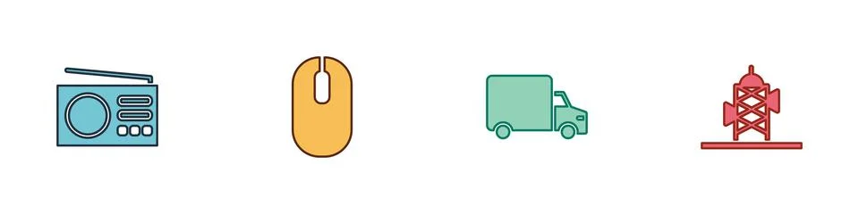 Set Radio, Computer mouse, Delivery cargo truck and Antenna icon. Vector 스톡 일러스트