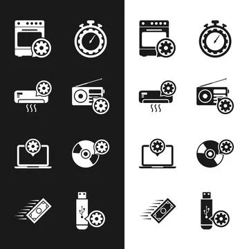 Set Radio setting, Air conditioner, Oven, Time management, Laptop and CD or.. Stock Illustration