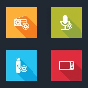 Set Radio setting, Microphone, USB flash drive and Microwave oven icon. Vector Stock Illustration