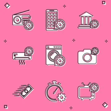 Set Radio setting, Mobile Apps, Bank building, Air conditioner, Washer and Photo Ilustración de archivo