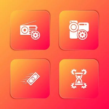 Set Radio setting, Video camera, Fast payments and Hourglass icon. Vector Stock Illustration