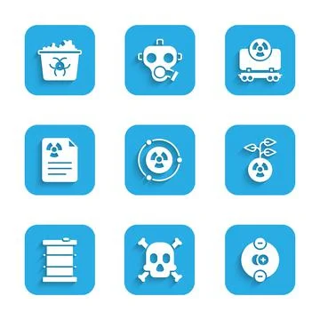 Set Radioactive, Bones and skull warning, Atom, waste barrel, Radiation document Stock Illustration