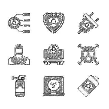 Set Radioactive cargo train, Nuclear laptop, energy battery, Bones and skul.. Stock Illustration