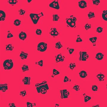 Set Radioactive cargo train, Test tube radiation, Atom and Gas mask on seamless Illustrazione stock
