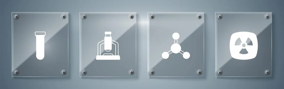 Set Radioactive, Molecule, Microscope and Test tube. Square glass panels. Vec Stock Illustration