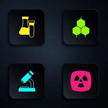 Set Radioactive, Test tube, Microscope and Chemical formula. Black square button イラスト素材