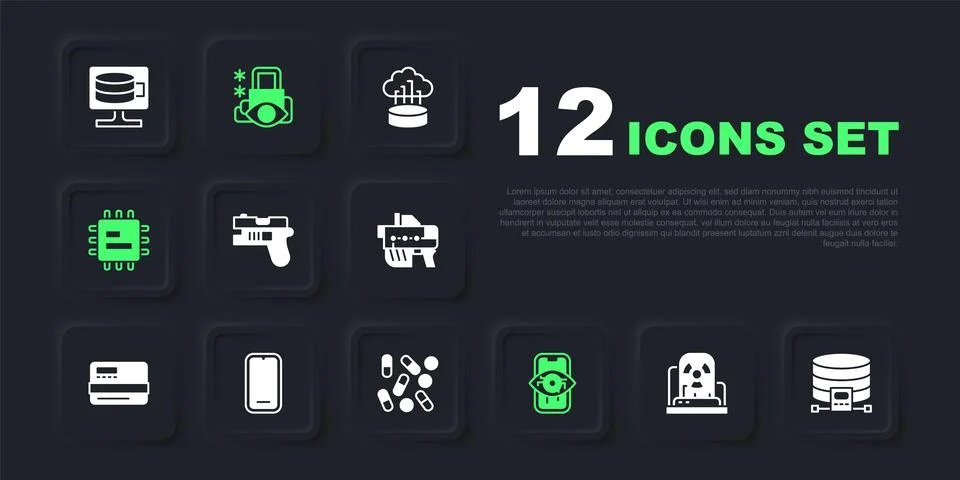 Set Radioactive warning lamp, Cloud database, Futuristic weapon, Computer v.. Stock Illustration