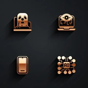 Set Radioactive warning lamp, Computer vision, Mobile phone and Neural networ Stock Illustration