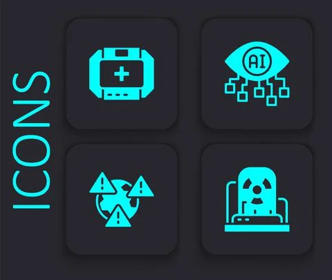 Set Radioactive warning lamp, First aid kit, Computer vision and Earth with Stock Illustration