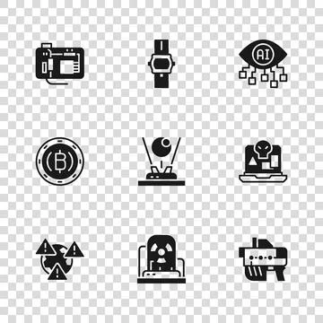 Set Radioactive warning lamp, Internet piracy, Futuristic weapon, Hologram,.. Illustrazione stock