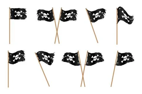 Set of ragged black pirates flags with bones and skull Stock Illustration