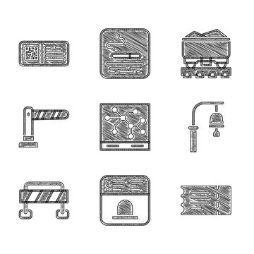 Set Railway map, Ticket office to buy tickets, Train, station bell, Road barrier Stockillustratie