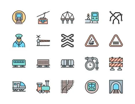 Set of Railways Flat Color Line Icons. Funicular, Subway, Locomotive and more Stock Illustration