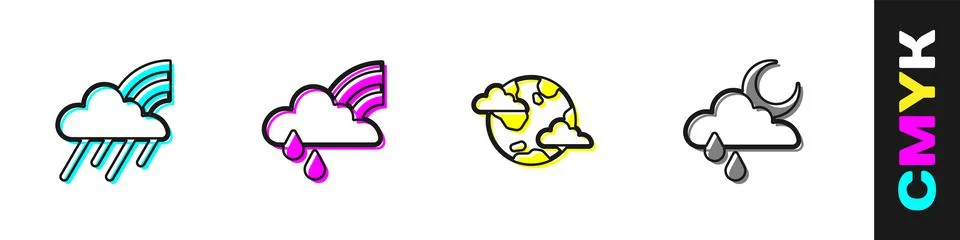 Set Rainbow with cloud and rain, , Earth planet clouds and Cloud moon icon Ilustração Stock
